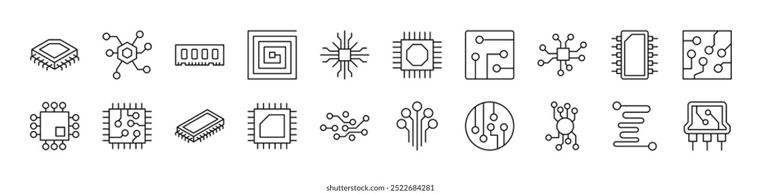 Conjunto de iconos de línea de chip y esquema. Trazo Editable. Pictograma lineal minimalista para el diseño de tarjetas, App, Anuncios, publicaciones