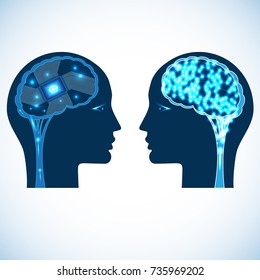 Chip and shone brain in heads of people, concept for communications, thinking of people, information interchange.