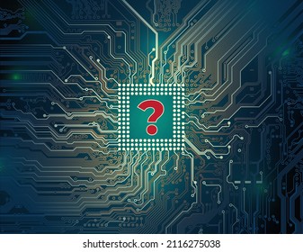 Chip shortage concept. Global shortage of semiconductor processors, chips. Abstract technology background, microchip. Printed circuit board, motherboard. Question mark. Vector illustration, template