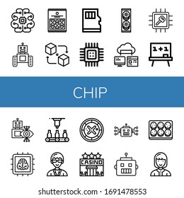 chip simple icons set. Contains such icons as Artificial intelligence, Robot, Crisps, Packet, Micro sd, Cpu, Cookies, Computer storage, Chip, can be used for web, mobile and logo