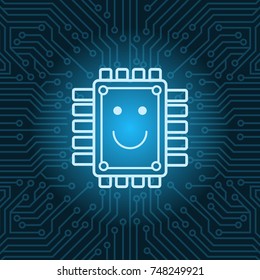 Chip Con Icono De Cara Sonriente Sobre El Circuito Azul Ilustración Del Vector De Fondo De La Motherboard