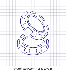 Chip stacks, casino or poker coin. Hand drawn picture on paper sheet. Blue ink, outline sketch style. Doodle on checkered background