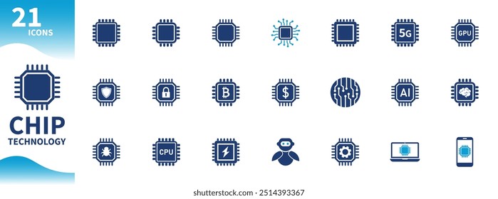 Icono de tecnología de chip. Colección de iconos sobre chips semiconductores, CPU, tecnología informática, inteligencia artificial, microchips. Iconos sólidos del vector.