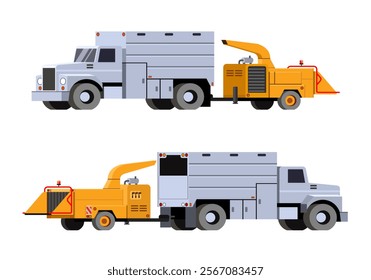 Chip truck trailed tree chipper. Yellow wood chipper for chipping felled trees and brunches after tree trimming into back of chip truck. Front and back side view. Vector clip art on white background