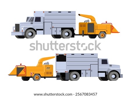 Chip truck trailed tree chipper. Yellow wood chipper for chipping felled trees and brunches after tree trimming into back of chip truck. Front and back side view. Vector clip art on white background
