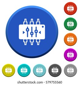 Chip tuning round color beveled buttons with smooth surfaces and flat white icons