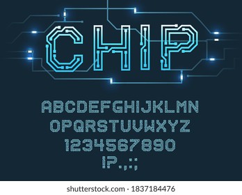 Chip type font, vector alphabet letters, digits and punctuation marks Blue microcircuit glowing abc uppercase characters, fluorescent electric futuristic style signs set isolated on dark background