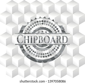 Chipboard grey badge with geometric cube white background