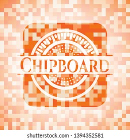 Chipboard orange tile background illustration. Square geometric mosaic seamless pattern with emblem inside.