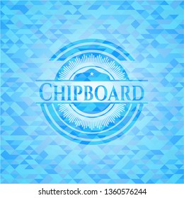 Chipboard sky blue emblem with triangle mosaic background