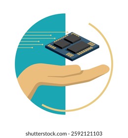 Chiplet - tiny integrated circuit designed to be combined with other chiplets on an interposer in a single package. Illustration in flat colors