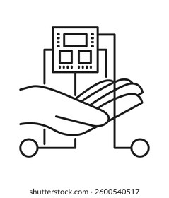 Chiplet - tiny integrated circuit designed to be combined with other chiplets on an interposer in a single package. Illustration in thin line