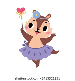 Chipmunk Animal Fairy in Pretty Dress with Magic Wand Vector Illustration