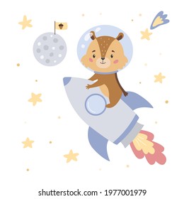 Chipmunk flies to the moon on a rocket. Cute cartoon character for children. Doodle animal. Space theme. Vector illustration.