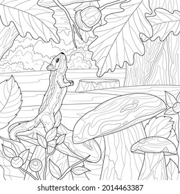 
Chipmunk in the forest among the mushrooms.Coloring book antistress for children and adults. Illustration isolated on white background.Zen-tangle style. Hand draw