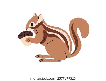 Chipmunk holding acorn. Cute striped rodent with tail, standing in profile, eating food Tiny small wild mammal, forest character with nut feed. Flat vector illustration isolated on white background