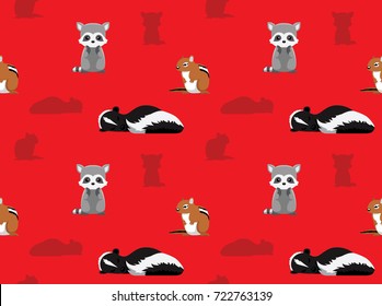 Chipmunk Raccoon Skunk Animals Seamless Wallpaper Red