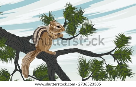A chipmunk sits on a pine tree branch. Small forest animals in winter. Realistic vector landscape.