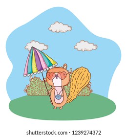chipmunk with umbrella and sunglasses in the field