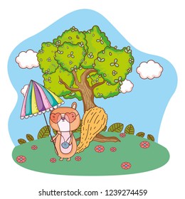 chipmunk with umbrella and sunglasses in the field
