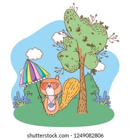 chipmunk with umbrella and sunglasses in the field