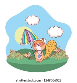 chipmunk with umbrella and sunglasses in the field