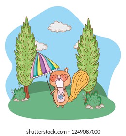 chipmunk with umbrella and sunglasses in the field