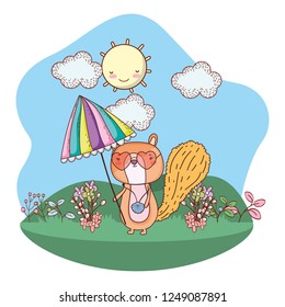 chipmunk with umbrella and sunglasses in the field