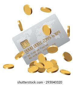 Chipped credit card with a world map on it and a bunch of golden impersonated coins falling over white as a symbol of wealth