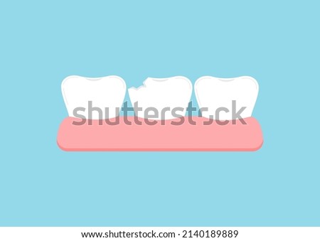 Chipped tooth in gum icon isolated on blue background. Broken teeth with problem treatment concept. Flat cartoon dentistry vector illustration. Dental health care design element.