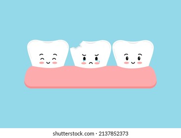 Chipped tooth in gum kid icon isolated on blue background. Broken teeth with problem treatment concept. Flat cartoon sad dentistry character vector illustration. Dental health care design element.