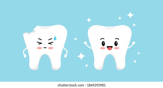 Chipped tooth and healthy tooth before, after treatment icon set. Broken teeth with problem treatment concept. Flat cartoon sad and happy character vector illustration. Dental health care image.