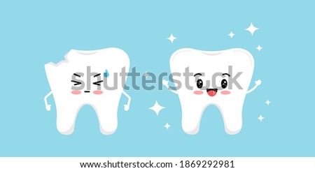 Chipped tooth and healthy tooth before, after treatment icon set. Broken teeth with problem treatment concept. Flat cartoon sad and happy character vector illustration. Dental health care image.