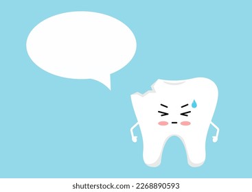 Chipped tooth icon with oval speech bubble isolated on blue background. Flat cute design kawaii dental emoticon. Vector cartoon style teeth character.