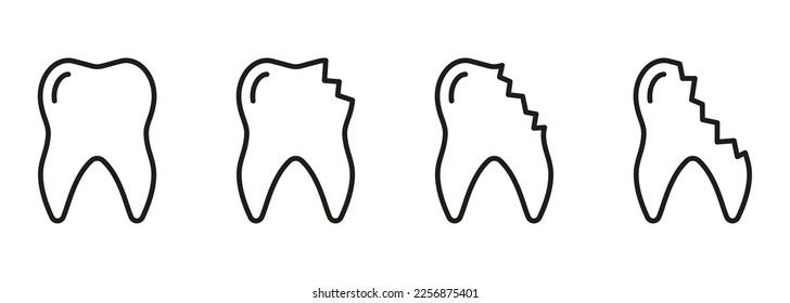 Zehner-Zahn-Symbol-Set. Zerbrochene Zähne. Dentistry Outline Symbol. Medizinisches Zahnproblem Stadium Lineares Piktogramm. Zahnbehandlung Zeichen. Bearbeitbarer Stroke. Einzelne Vektorgrafik.