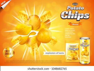 Chips ads. Cheese flavour explosion. 3d illustration and packaging