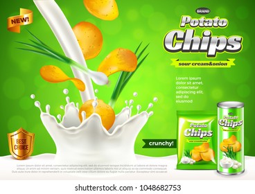 Chips ads. Onions in pouring sour cream. 3d illustration and packaging