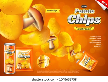 Chips ads. Pack explosion, mushrooms flavour. 3d illustration and packaging