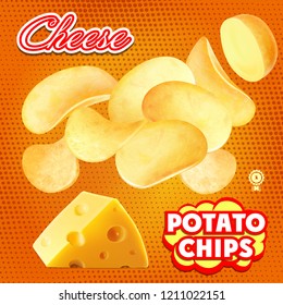 Chips advertising package design. Cheese chips realistic illustration