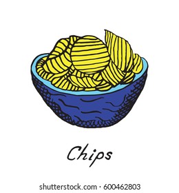 Chips in blue plate, hand drawn doodle, sketch in pop art style, vector