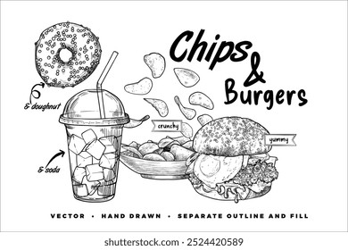  Chips and burgers menu cover design with top and view food assets and also doughnut, chips, iced tea. Hand drawn vector assets with outline and fill grouped separately. 