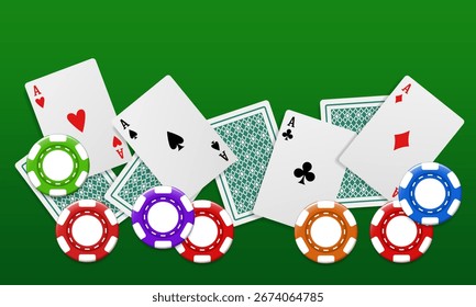 Chips and cards on a green background. Vector illustration.