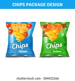 Chips color pack design for cheese and salmon tastes realistic isolated vector illustration 