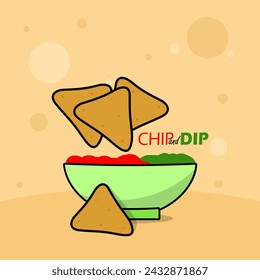 Chips and Dip Day event banner. Crispy snacks with bowls containing tomato sauce and avocado sauce on table, with bold text on light brown background to celebrate on March 23