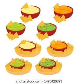 Chips and dip vector set, colored isolated clip-art, different dips in a bowl.