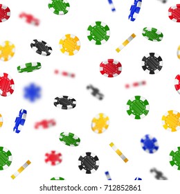 Chips flying cartoon seamless pattern. Background of casino colored chips as a pattern for designers and illustrators. Cover of multi-colored stakes in the form of vector illustration