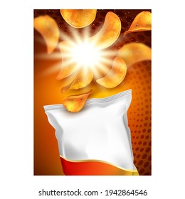 Chips Food Creative Promotional Banner Vector. Salty Potato Chips And Blank Package On Advertising Poster. Salted Crisps Snack, Market Grocery Product Style Concept Template Illustration