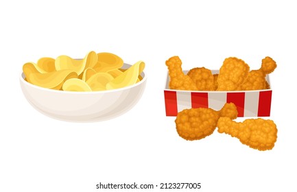 Chips and fried chicken meat vector illustration on white background