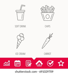 Chips fries, ice cream and soft drink icons. Carrot linear sign. Edit document, Calendar and Graph chart signs. Star, Check and House web icons. Vector