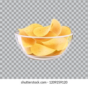 Chips in glass bowl as snack to beer. Fast food meal made of fried slices of potato in heap inside dishware realistic 3D vector on transparent backdrop